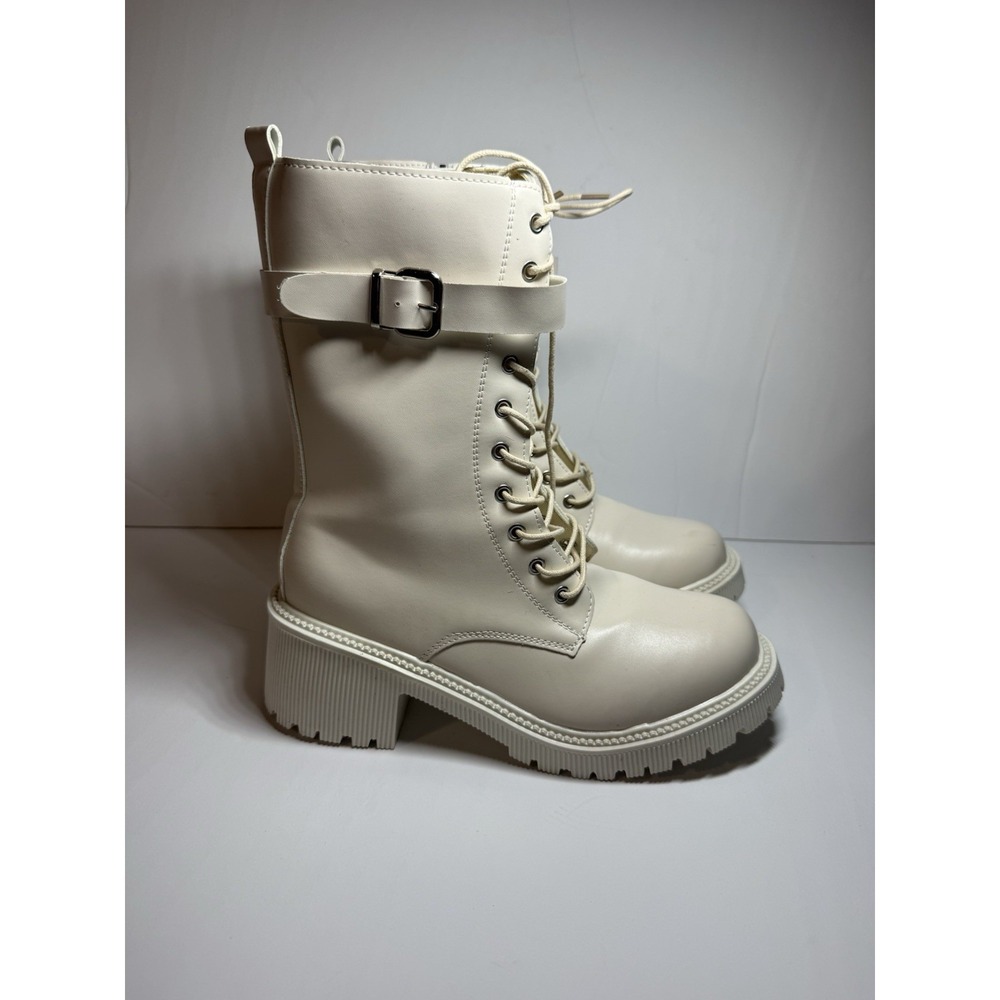 White Faux Leather Mid-Calf Combat Boots with Side Zipper and Buckle Detail Sz 9